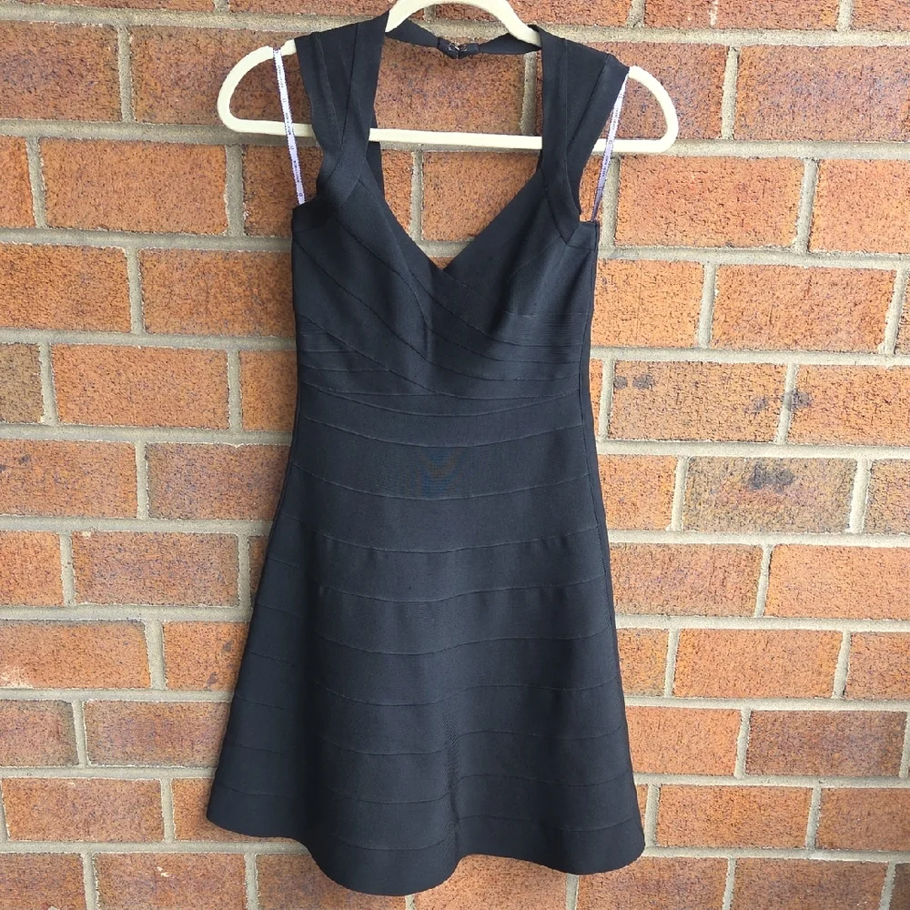 HERVE LEGER Black Bruna Sleeveless V Neck Bandage Fit & Flare Dress